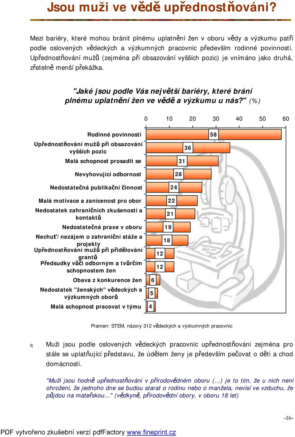 "Jaké jsou podle Vás největší bariéry, které brání plnému uplatnění žen ve vědě a výzkumu u nás?