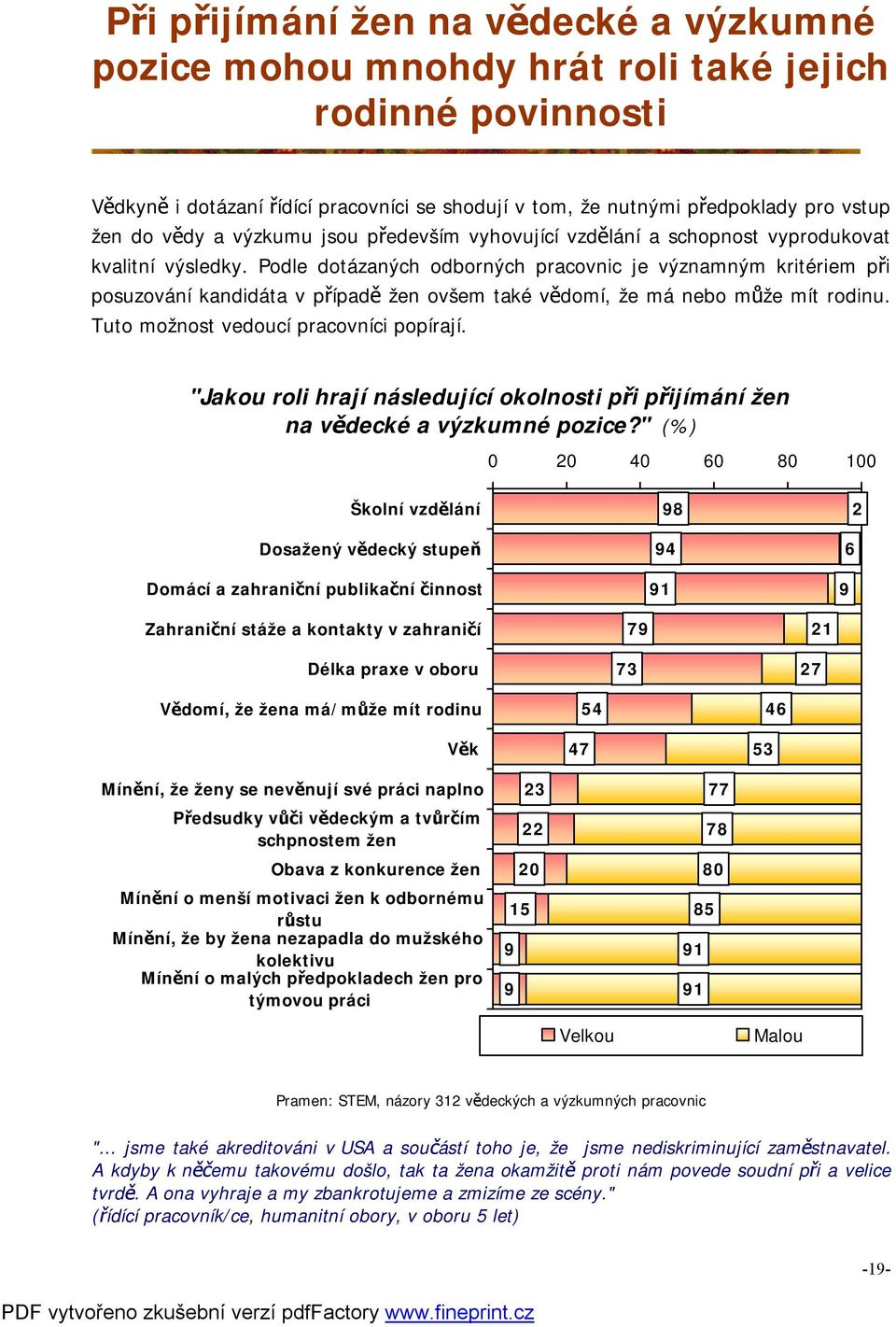 Podle dotázaných odborných pracovnic je významným kritériem při posuzování kandidáta v případě žen ovšem také vědomí, že má nebo může mít rodinu. Tuto možnost vedoucí pracovníci popírají.