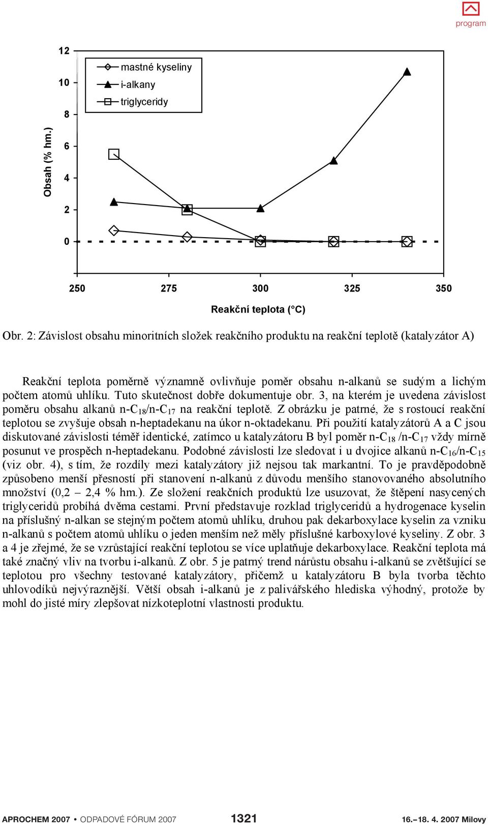 Tuto skute nost dob e dokumentuje obr. 3, na kterém je uvedena závislost pom ru obsahu alkan n-c 18 /n-c 17 na reak ní teplot.