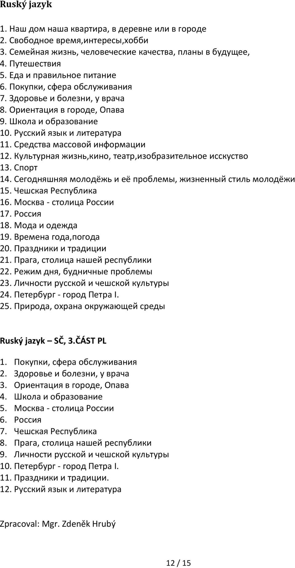 Культурная жизнь,кино, театр,изобразительное исскуство 13. Спорт 14. Сегодняшняя молодёжь и её проблемы, жизненный стиль молодёжи 15. Чешская Pеспублика 16. Москва - столица России 17. Россия 18.