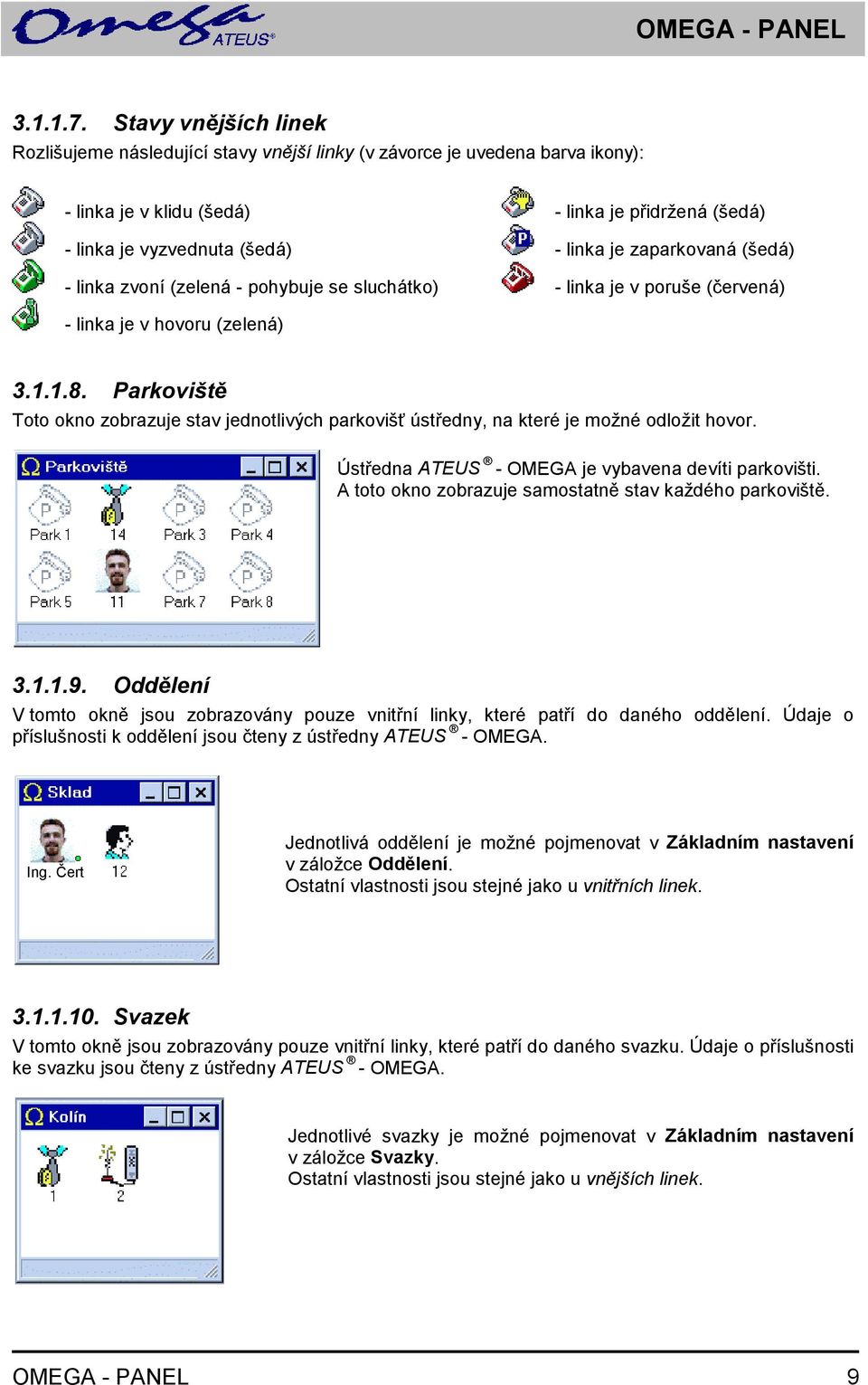 zaparkovaná (šedá) - linka zvoní (zelená - pohybuje se sluchátko) - linka je v poruše (červená) - linka je v hovoru (zelená) 3.1.1.8.