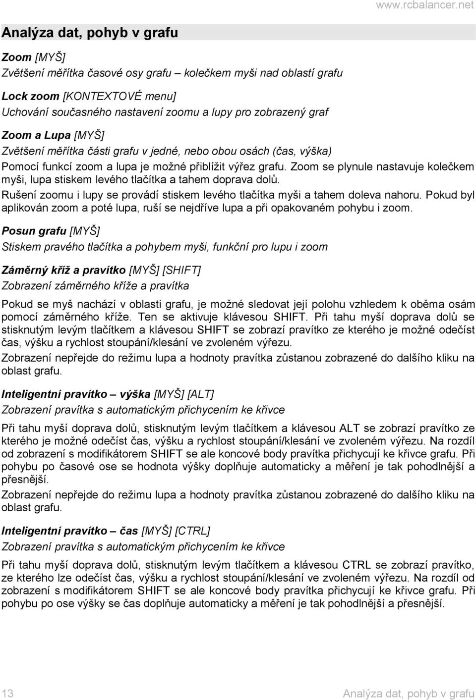 Zoom a Lupa [MYŠ] Zvětšení měřítka části grafu v jedné, nebo obou osách (čas, výška) Pomocí funkcí zoom a lupa je možné přiblížit výřez grafu.