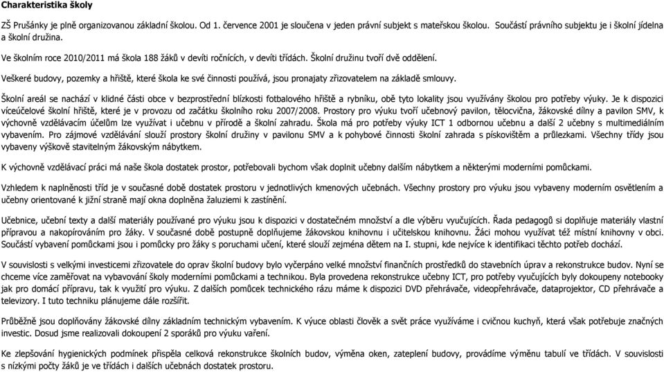 Veškeré budovy, pozemky a hřiště, které škola ke své činnosti používá, jsou pronajaty zřizovatelem na základě smlouvy.