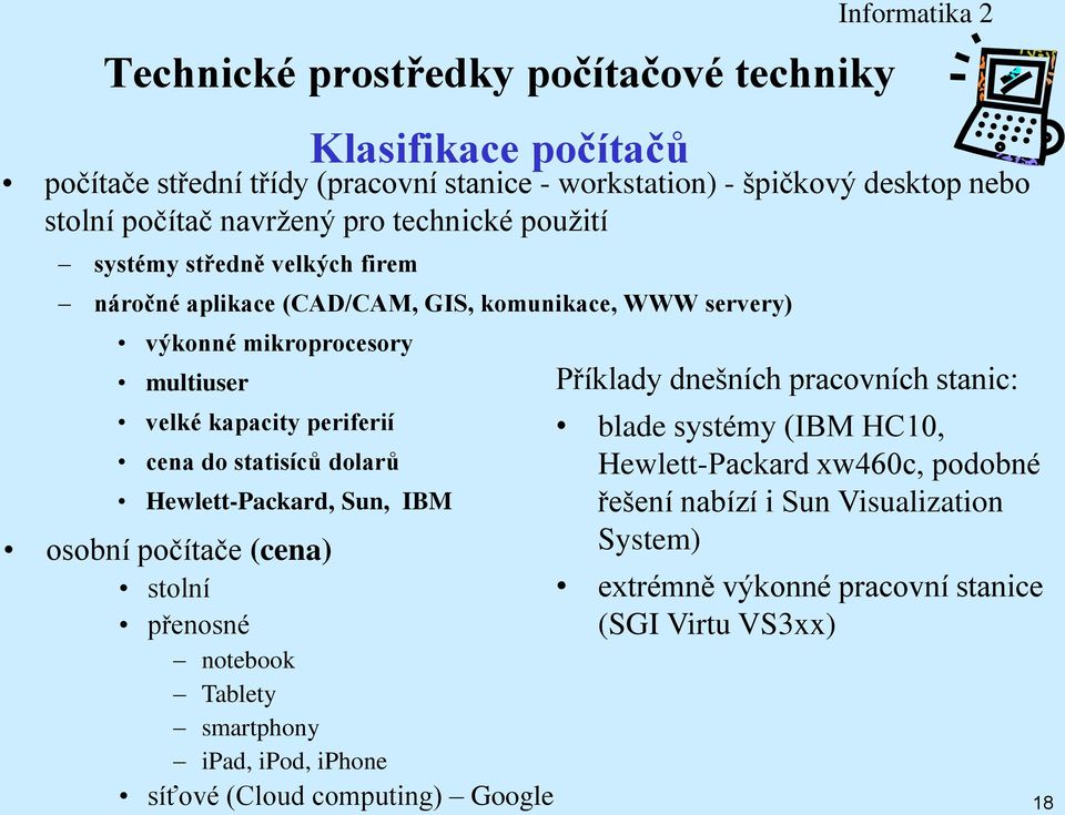 IBM Klasifikace počítačů osobní počítače (cena) stolní přenosné notebook Tablety smartphony ipad, ipod, iphone síťové (Cloud computing) Google Příklady dnešních