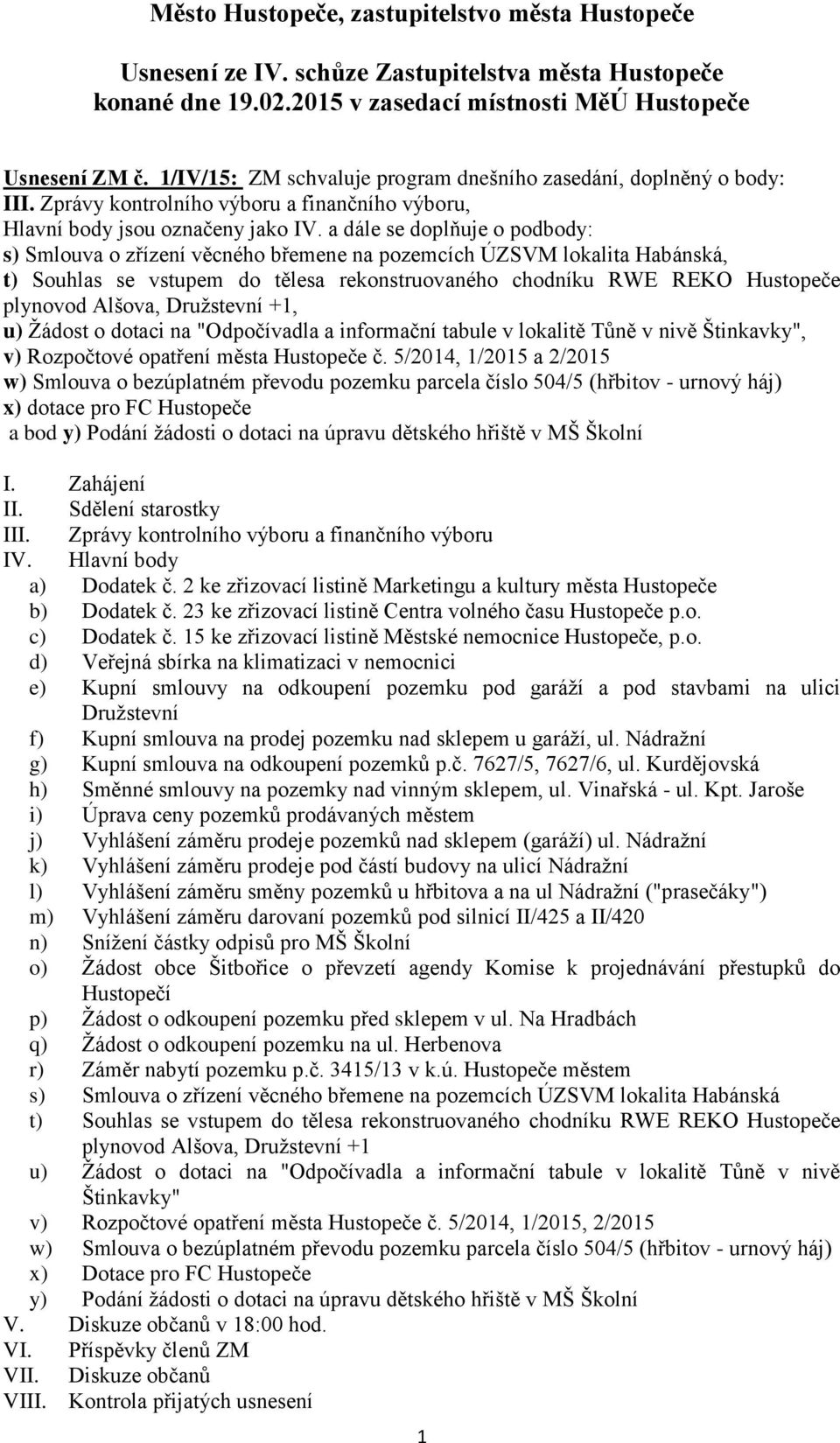 a dále se doplňuje o podbody: s) Smlouva o zřízení věcného břemene na pozemcích ÚZSVM lokalita Habánská, t) Souhlas se vstupem do tělesa rekonstruovaného chodníku RWE REKO Hustopeče plynovod Alšova,