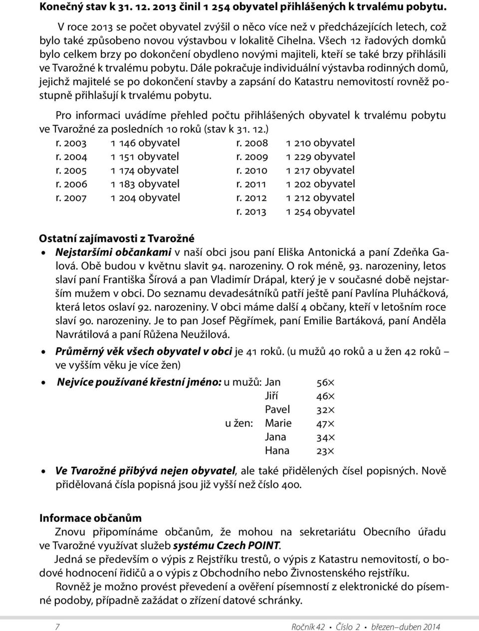 Všech 12 řadových domků bylo celkem brzy po dokončení obydleno novými majiteli, kteří se také brzy přihlásili ve Tvarožné k trvalému pobytu.