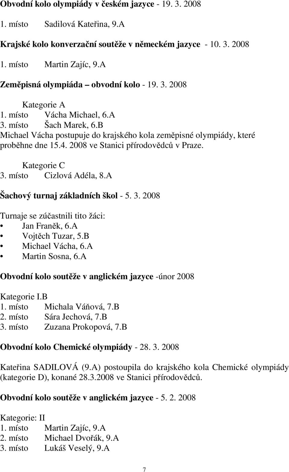 4. 2008 ve Stanici přírodovědců v Praze. Kategorie C 3. místo Cizlová Adéla, 8.A Šachový turnaj základních škol - 5. 3. 2008 Turnaje se zúčastnili tito žáci: Jan Franěk, 6.A Vojtěch Tuzar, 5.