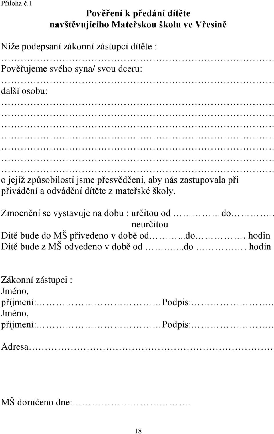 ...... o jejíž způsobilosti jsme přesvědčeni, aby nás zastupovala při přivádění a odvádění dítěte z mateřské školy.