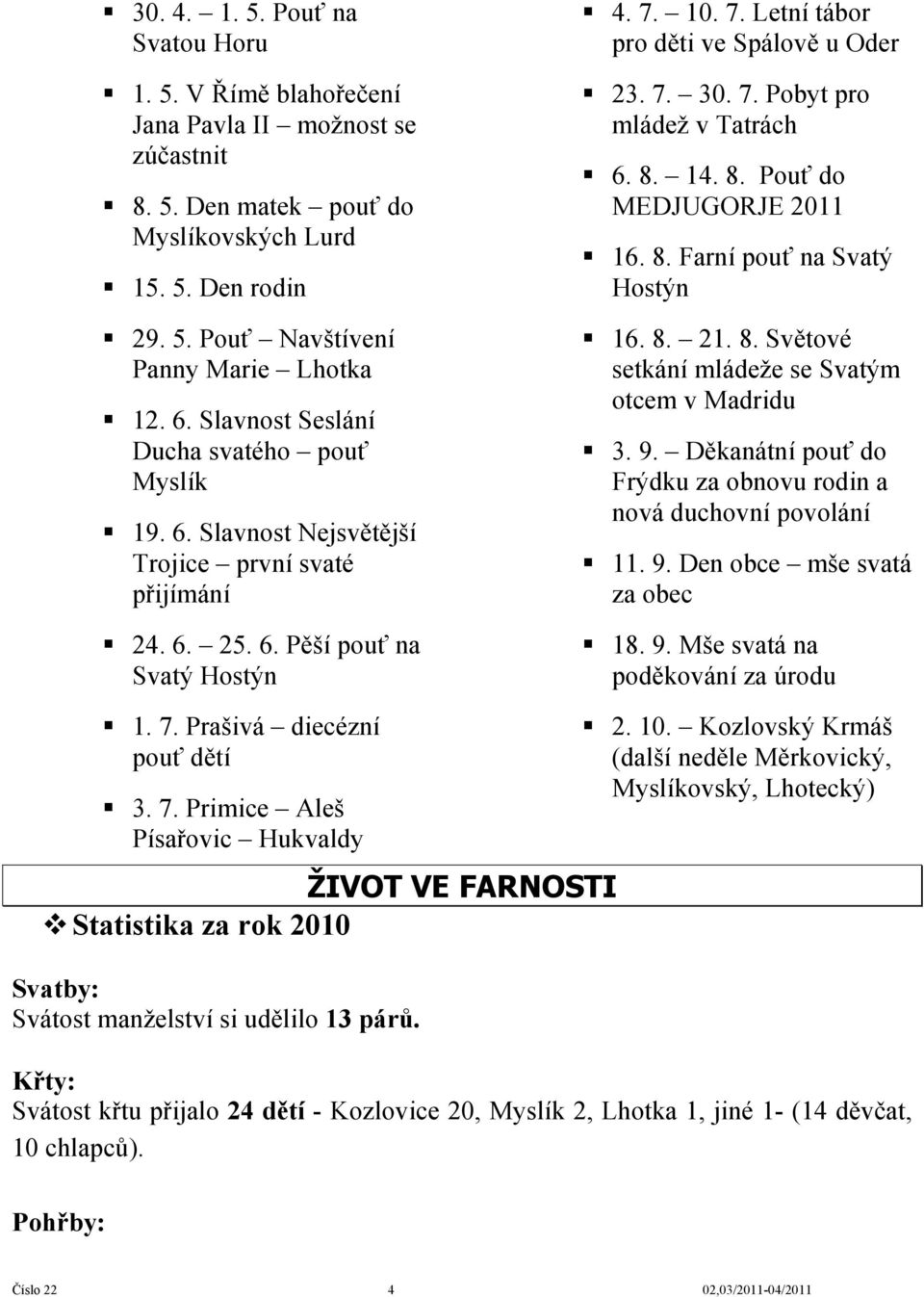 7. 30. 7. Pobyt pro mládež v Tatrách 6. 8. 14. 8. Pouť do MEDJUGORJE 2011 16. 8. Farní pouť na Svatý Hostýn 16. 8. 21. 8. Světové setkání mládeže se Svatým otcem v Madridu 3. 9.