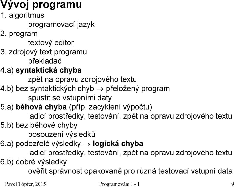 zacyklení výpočtu) ladicí prostředky, testování, zpět na opravu zdrojového textu 5.b) bez běhové chyby posouzení výsledků 6.