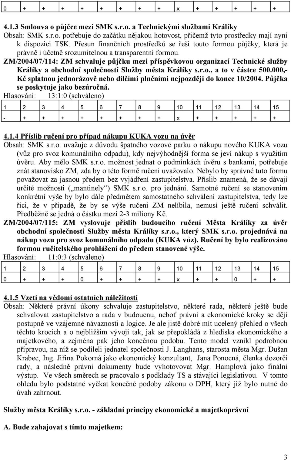 ZM/2004/07/114: ZM schvaluje půjčku mezi příspěvkovou organizací Technické služby Králíky a obchodní společností Služby města Králíky s.r.o., a to v částce 500.