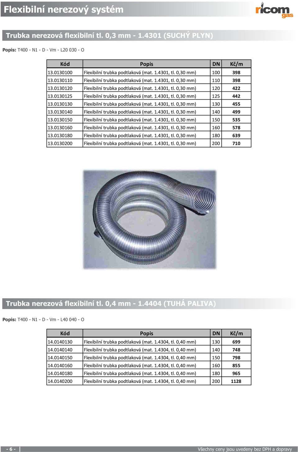 0130125 Flexibilní trubka podtlaková (mat. 1.4301, tl. 0,30 mm) 125 442 13.0130130 Flexibilní trubka podtlaková (mat. 1.4301, tl. 0,30 mm) 130 455 13.0130140 Flexibilní trubka podtlaková (mat. 1.4301, tl. 0,30 mm) 140 499 13.