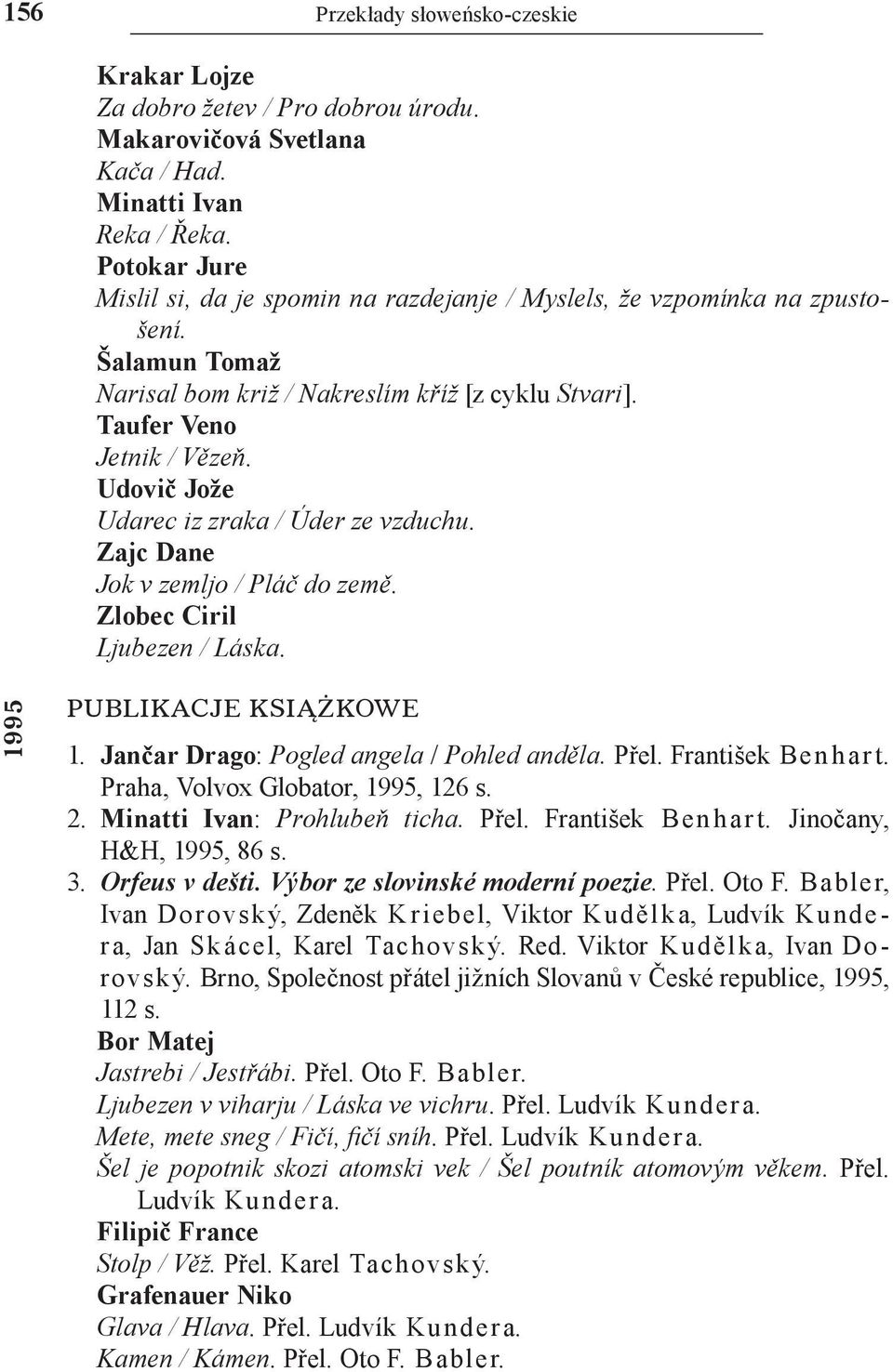 Udovič Jože Udarec iz zraka / Úder ze vzduchu. Zajc Dane Jok v zemljo / Pláč do země. Zlobec Ciril Ljubezen / Láska. 1995 Publik acje książkowe 1. Jančar Drago: Pogled angela / Pohled anděla. Přel.