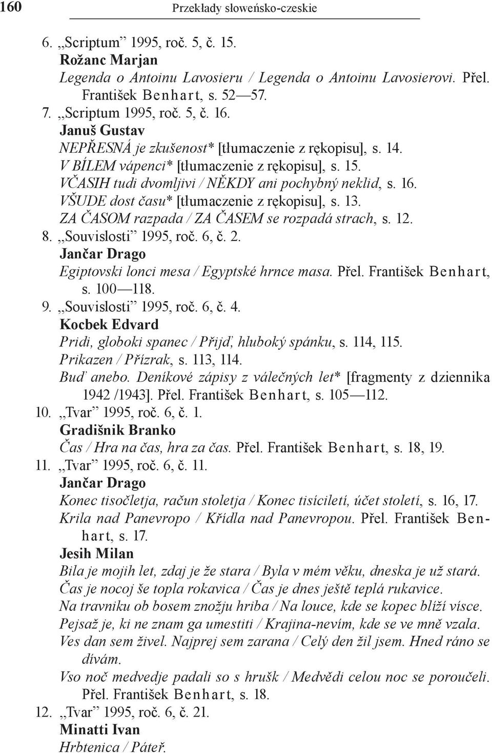 VŠUDE dost času* [tłumaczenie z rękopisu], s. 13. ZA ČASOM razpada / ZA ČASEM se rozpadá strach, s. 12. 8. Souvislosti 1995, roč. 6, č. 2. Jančar Drago Egiptovski lonci mesa / Egyptské hrnce masa.