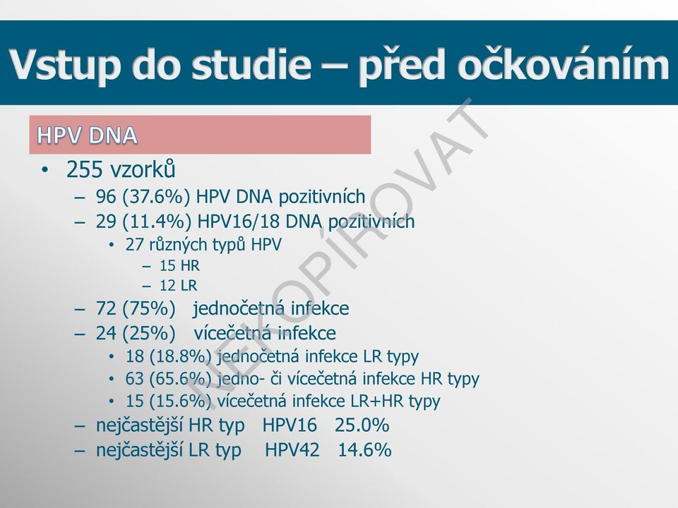 infekce 24 (25%) vícečetná infekce 18 (18.8%) jednočetná infekce LR typy 63 (65.