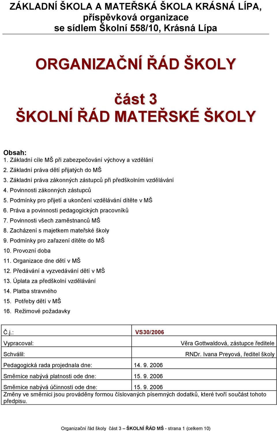 Podmínky pro přijetí a ukončení vzdělávání dítěte v MŠ 6. Práva a povinnosti pedagogických pracovníků 7. Povinnosti všech zaměstnanců MŠ 8. Zacházení s majetkem mateřské školy 9.