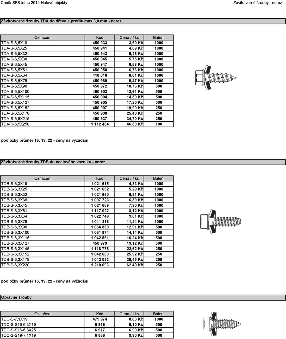 500 TDA-S-6,5X100 450 903 12,61 Kč 500 TDA-S-6,5X115 450 904 14,80 Kč 500 TDA-S-6,5X127 450 905 17,20 Kč 500 TDA-S-6,5X152 450 907 19,90 Kč 250 TDA-S-6,5X178 450 930 25,40 Kč 250 TDA-S-6,5X215 450