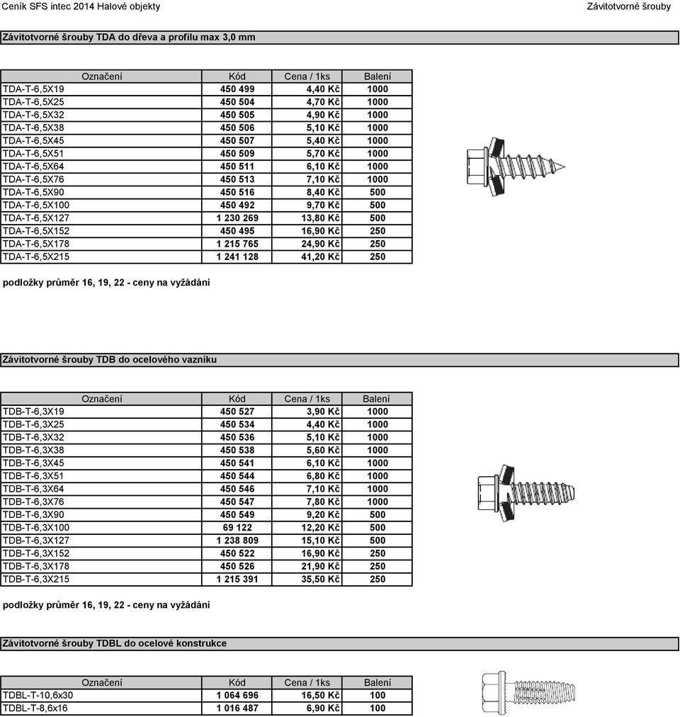 492 9,70 Kč 500 TDA-T-6,5X127 1 230 269 13,80 Kč 500 TDA-T-6,5X152 450 495 16,90 Kč 250 TDA-T-6,5X178 1 215 765 24,90 Kč 250 TDA-T-6,5X215 1 241 128 41,20 Kč 250 podložky průměr 16, 19, 22 - ceny na