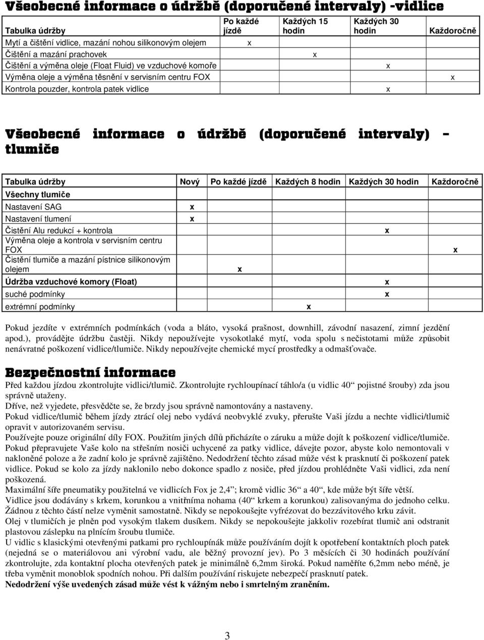 (doporučené intervaly) tlumiče Tabulka údržby Nový Po každé jízdě Každých 8 hodin Každých 30 hodin Každoročně Všechny tlumiče Nastavení SAG Nastavení tlumení Čistění Alu redukcí + kontrola Výměna