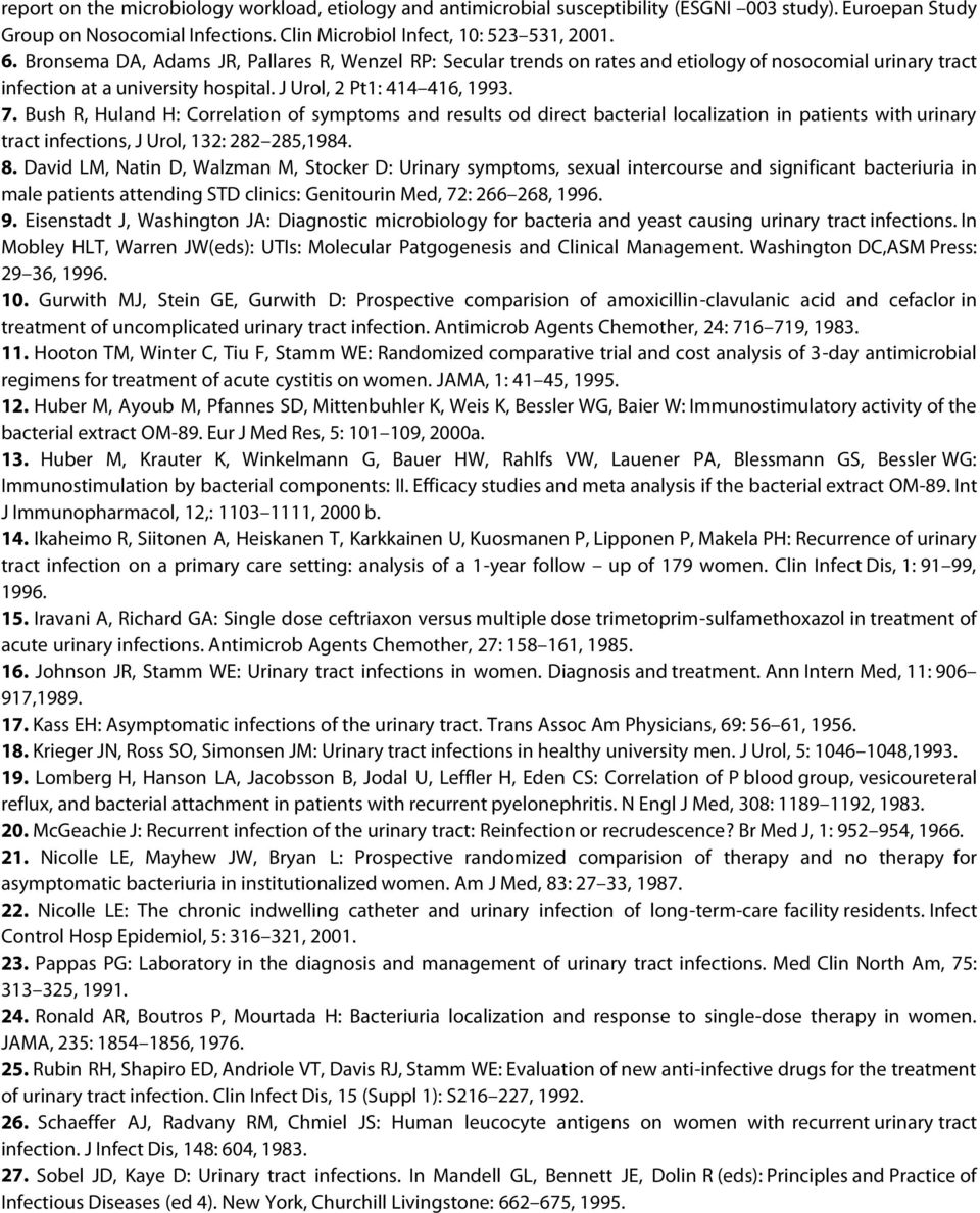 Bush R, Huland H: Correlation of symptoms and results od direct bacterial localization in patients with urinary tract infections, J Urol, 132: 282 285,1984. 8.