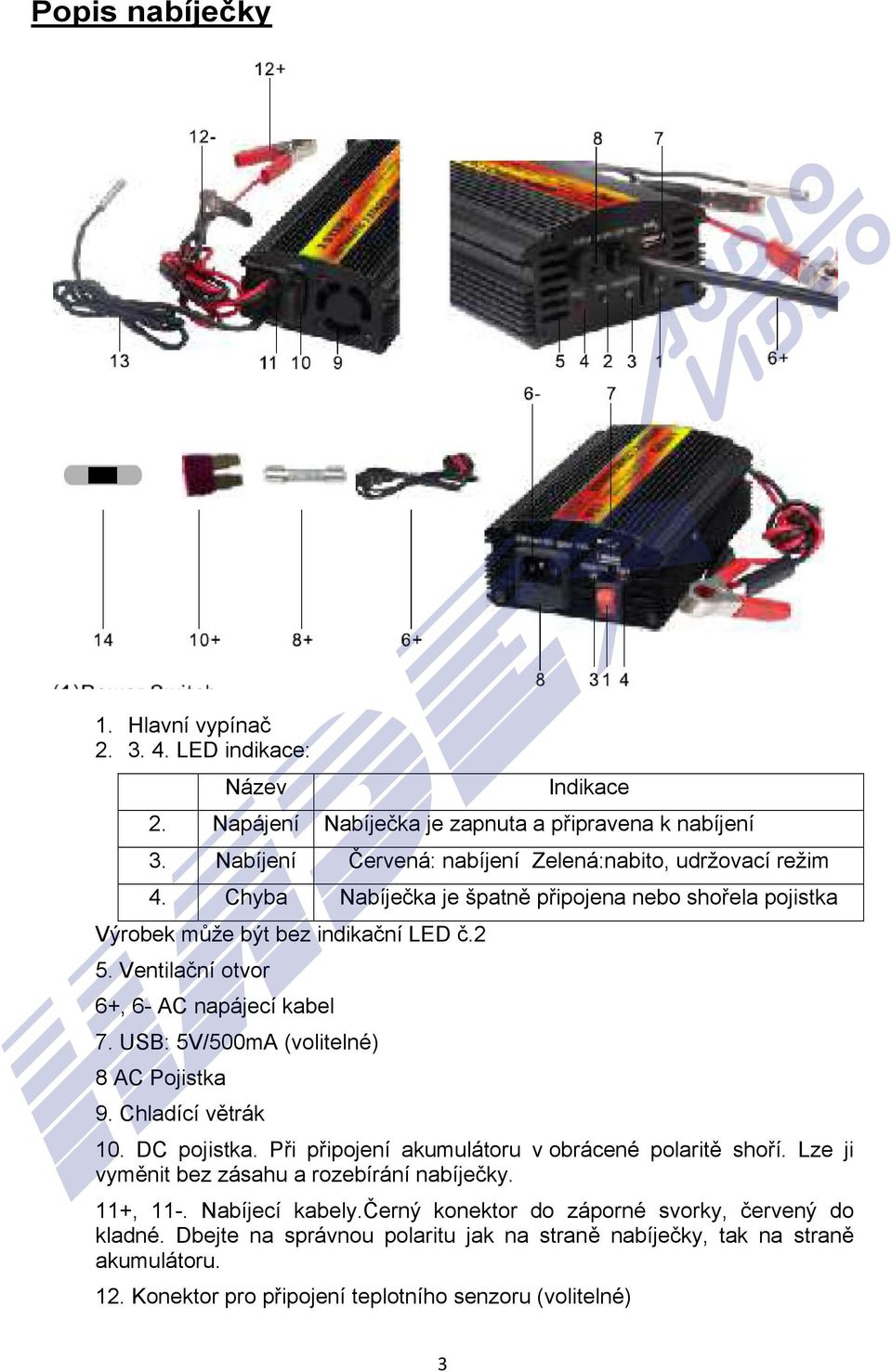 Ventilační otvor 6+, 6- AC napájecí kabel 7. USB: 5V/500mA (volitelné) 8 AC Pojistka 9. Chladící větrák 10. DC pojistka. Při připojení akumulátoru v obrácené polaritě shoří.