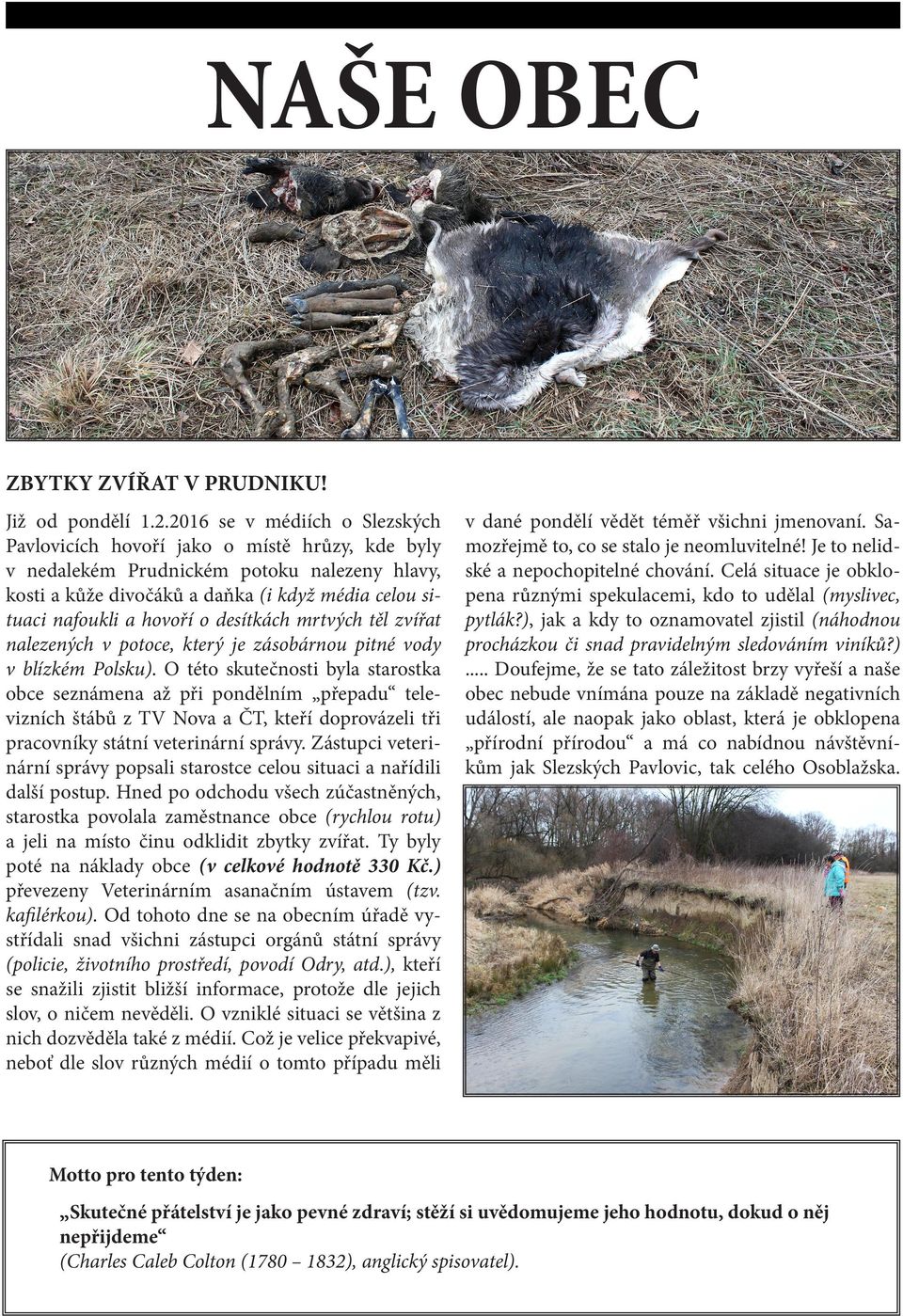 o desítkách mrtvých těl zvířat nalezených v potoce, který je zásobárnou pitné vody v blízkém Polsku).