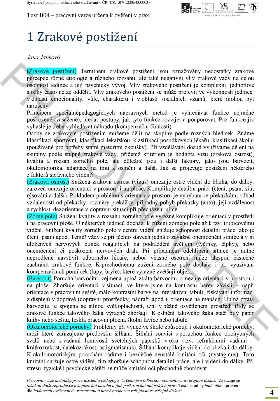 Vliv zrakového postižení se může projevit ve výkonnosti jedince, v oblasti emocionality, vůle, charakteru i v oblasti sociálních vztahů, které mohou být narušeny.