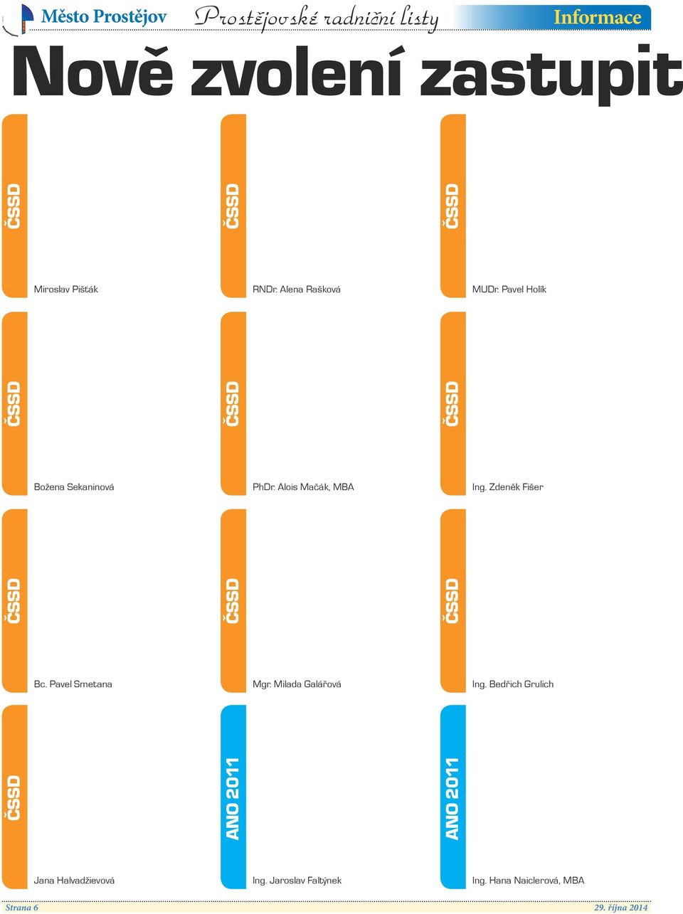 Alois Mačák, MBA ČSSD ČSSD Ing. Zdeněk Fišer Bc. Pavel Smetana Mgr. Milada Galářová Ing.