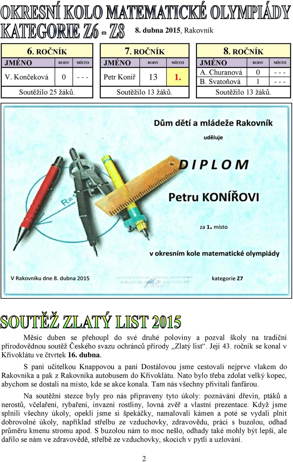 ročník se konal v Křivoklátu ve čtvrtek 16. dubna. S paní učitelkou Knappovou a paní Dostálovou jsme cestovali nejprve vlakem do Rakovníka a pak z Rakovníka autobusem do Křivoklátu.