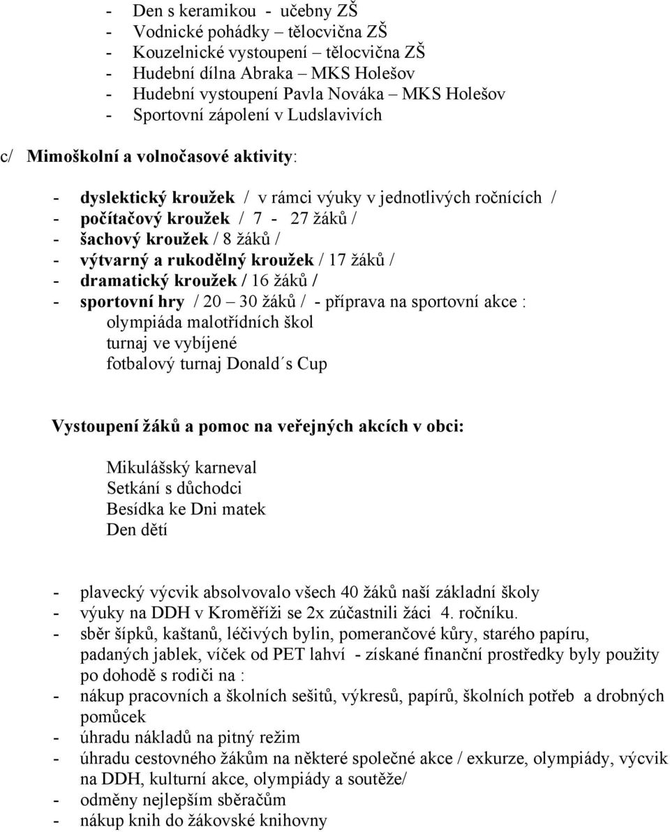 výtvarný a rukodělný kroužek / 17 žáků / - dramatický kroužek / 16 žáků / - sportovní hry / 20 30 žáků / - příprava na sportovní akce : olympiáda malotřídních škol turnaj ve vybíjené fotbalový turnaj