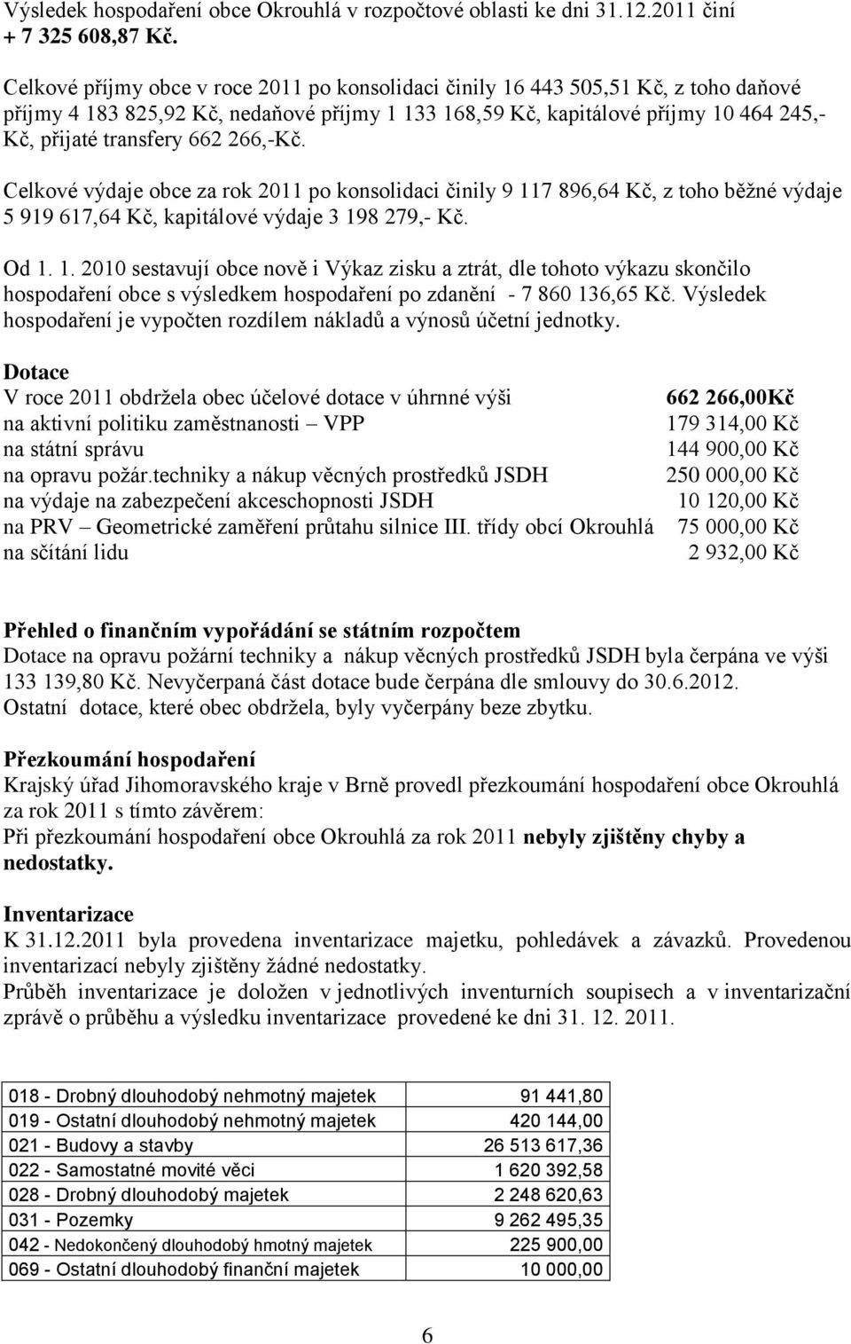 266,-Kč. Celkové výdaje obce za rok 2011 po konsolidaci činily 9 11