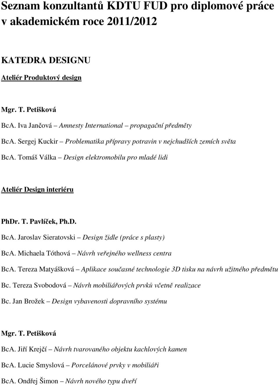 Michaela Tóthová Návrh veřejného wellness centra BcA. Tereza Matyášková Aplikace současné technologie 3D tisku na návrh užitného předmětu Bc.