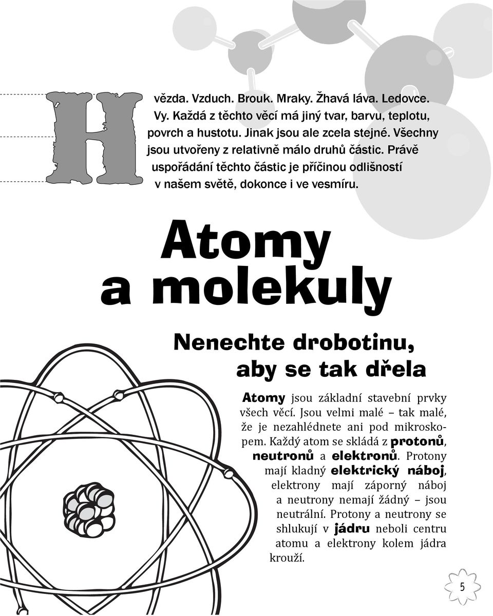 Atomy a molekuly Nenechte drobotinu, aby se tak dřela Atomy jsou základní stavební prvky všech věcí. Jsou velmi malé tak malé, že je nezahlédnete ani pod mikroskopem.