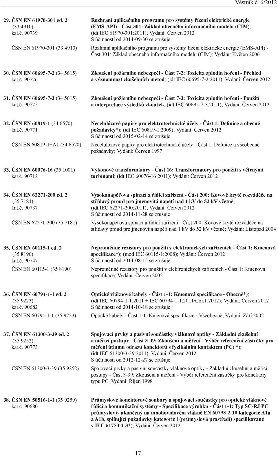 2014-09-30 se zrušuje ČSN EN 61970-301 (33 4910) Rozhraní aplikačního programu pro systémy řízení elektrické energie (EMS-API) - Část 301: Základ obecného informačního modelu (CIM); Vydání: Květen