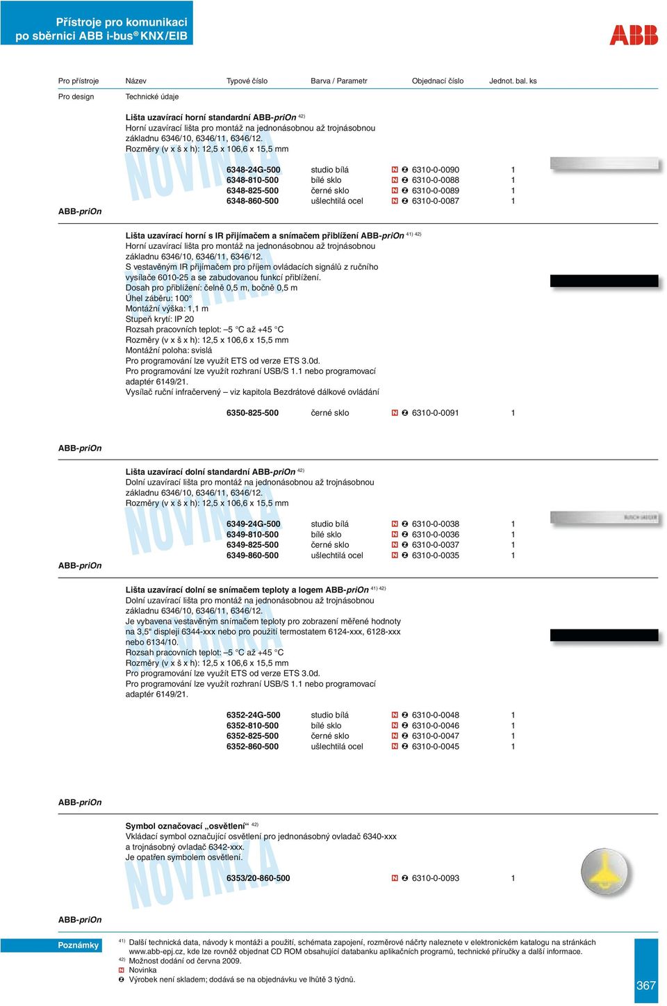 6310-0-0087 1 42) Lišta uzavírací horní s IR přijímačem a snímačem přiblížení ABB-priOn Horní uzavírací lišta pro montáž na jednonásobnou až trojnásobnou základnu 6346/10, 6346/11, 6346/12.