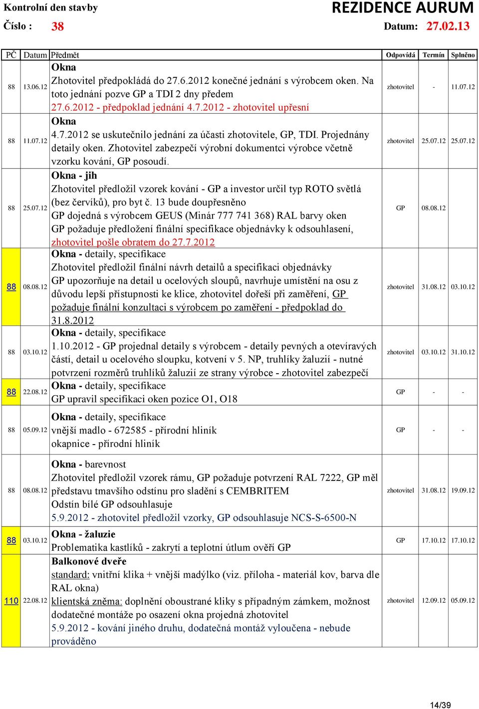 Zhotovitel zabezpečí výrobní dokumentci výrobce včetně vzorku kování, GP posoudí. Okna - jih Zhotovitel předložil vzorek kování - GP a investor určil typ ROTO světlá (bez červíků), pro byt č.