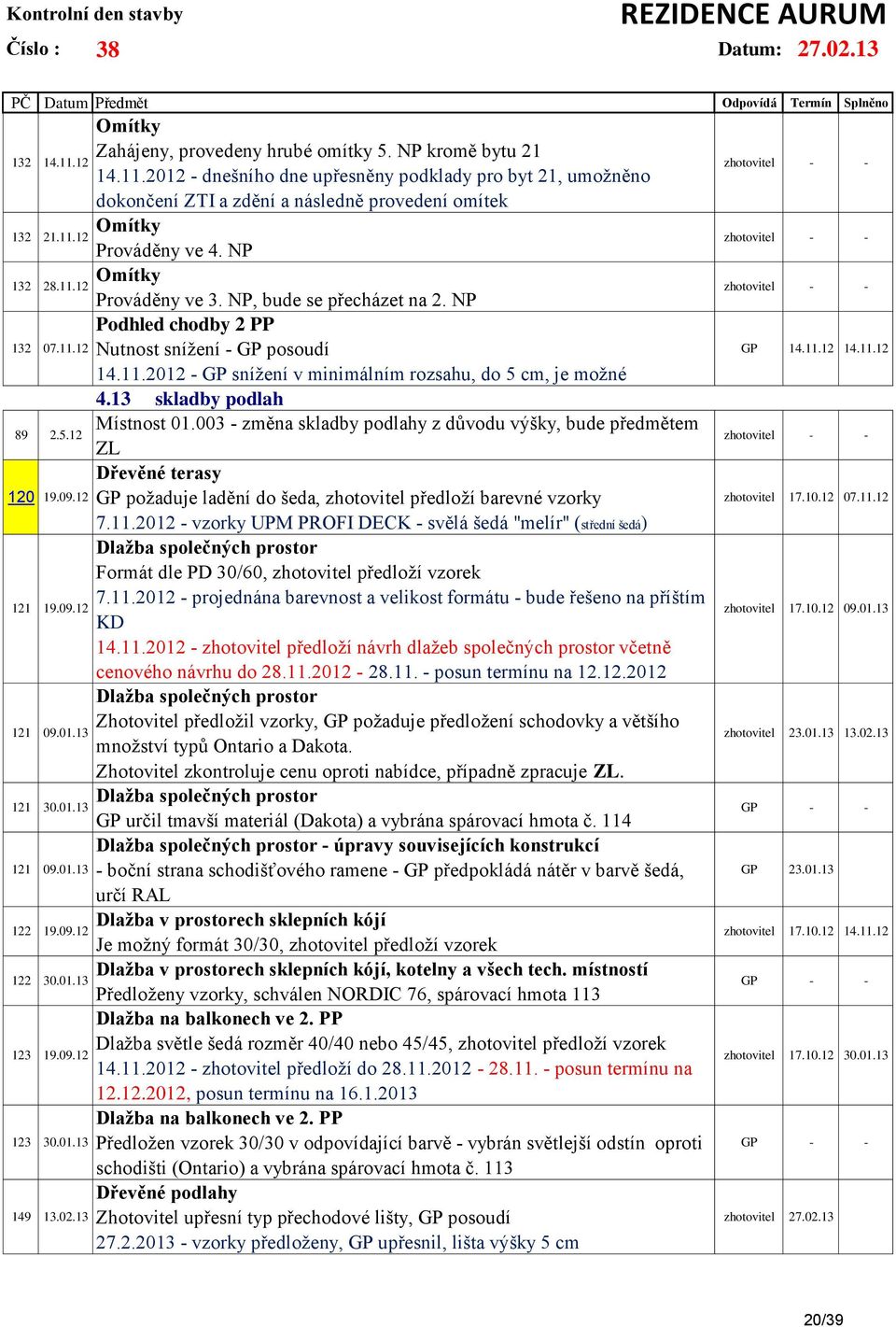 13 Prováděny ve 3. NP, bude se přecházet na 2. NP Podhled chodby 2 PP Nutnost snížení - GP posoudí 14.11.2012 - GP snížení v minimálním rozsahu, do 5 cm, je možné 4.13 skladby podlah Místnost 01.