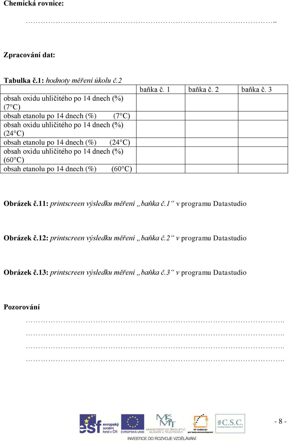 14 dnech (%) (24 C) obsah oxidu uhličitého po 14 dnech (%) (60 C) obsah etanolu po 14 dnech (%) (60 C) baňka č. 1 baňka č. 2 baňka č. 3 Obrázek č.