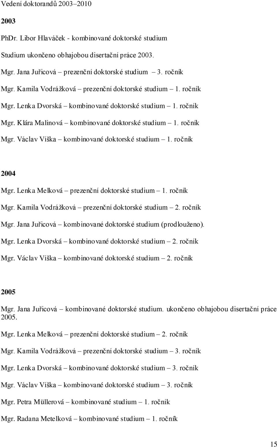 ročník 2004 Mgr. Lenka Melková prezenční doktorské studium 1. ročník Mgr. Kamila Vodráţková prezenční doktorské studium 2. ročník Mgr. Jana Juřicová kombinované doktorské studium (prodlouţeno). Mgr. Lenka Dvorská kombinované doktorské studium 2.