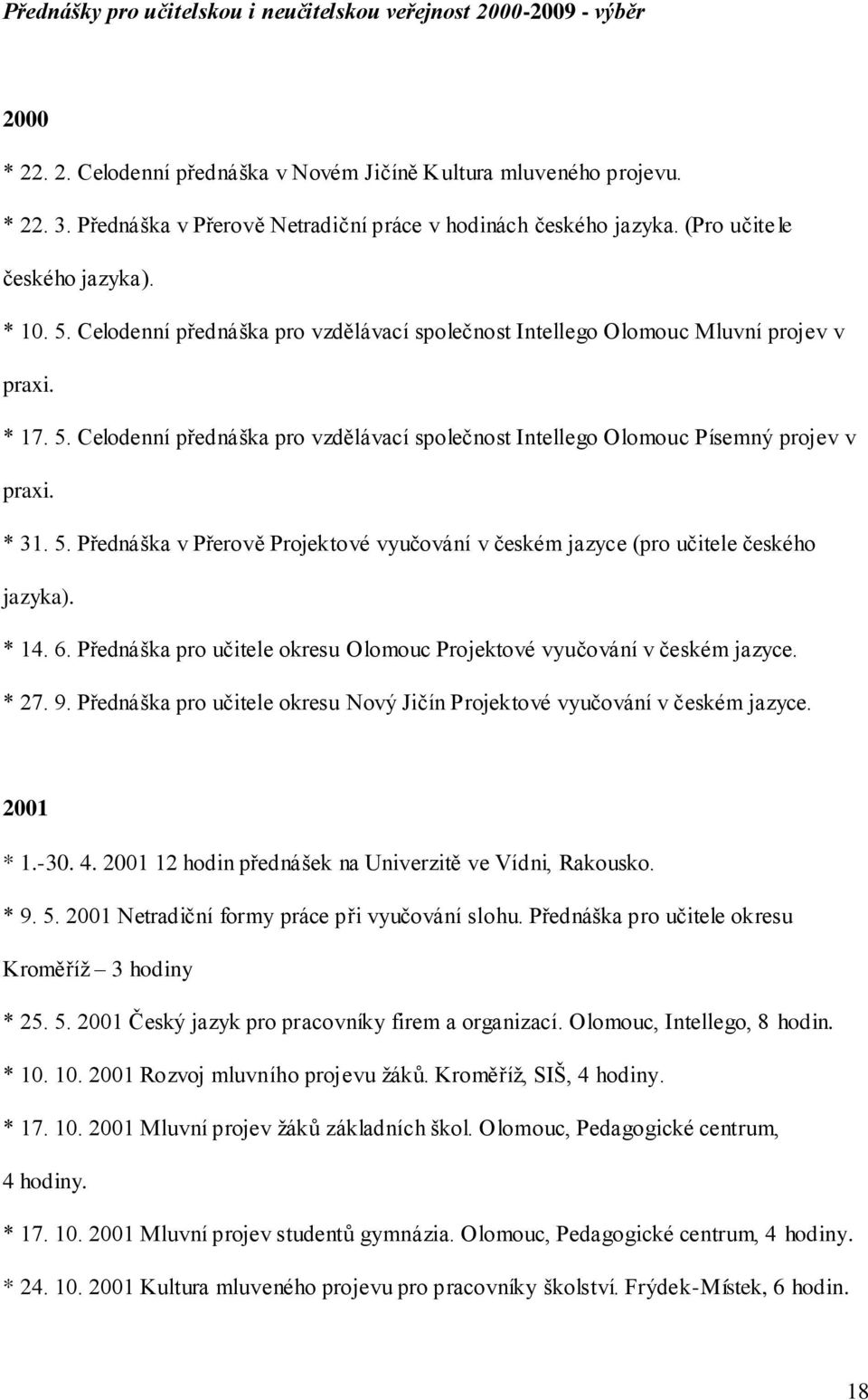 * 31. 5. Přednáška v Přerově Projektové vyučování v českém jazyce (pro učitele českého jazyka). * 14. 6. Přednáška pro učitele okresu Olomouc Projektové vyučování v českém jazyce. * 27. 9.