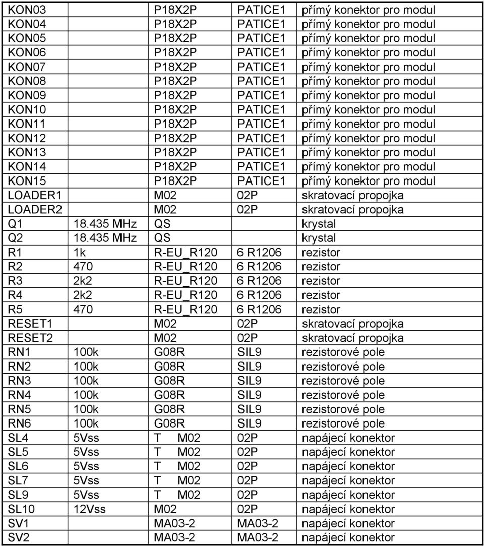 konektor pro modul KON12 P18X2P PATICE1 přímý konektor pro modul KON13 P18X2P PATICE1 přímý konektor pro modul KON14 P18X2P PATICE1 přímý konektor pro modul KON15 P18X2P PATICE1 přímý konektor pro