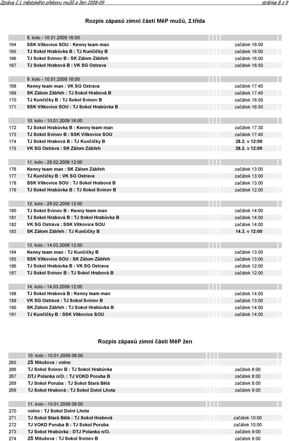 SG Ostrava začátek 16:50 9. kolo - 10.01.