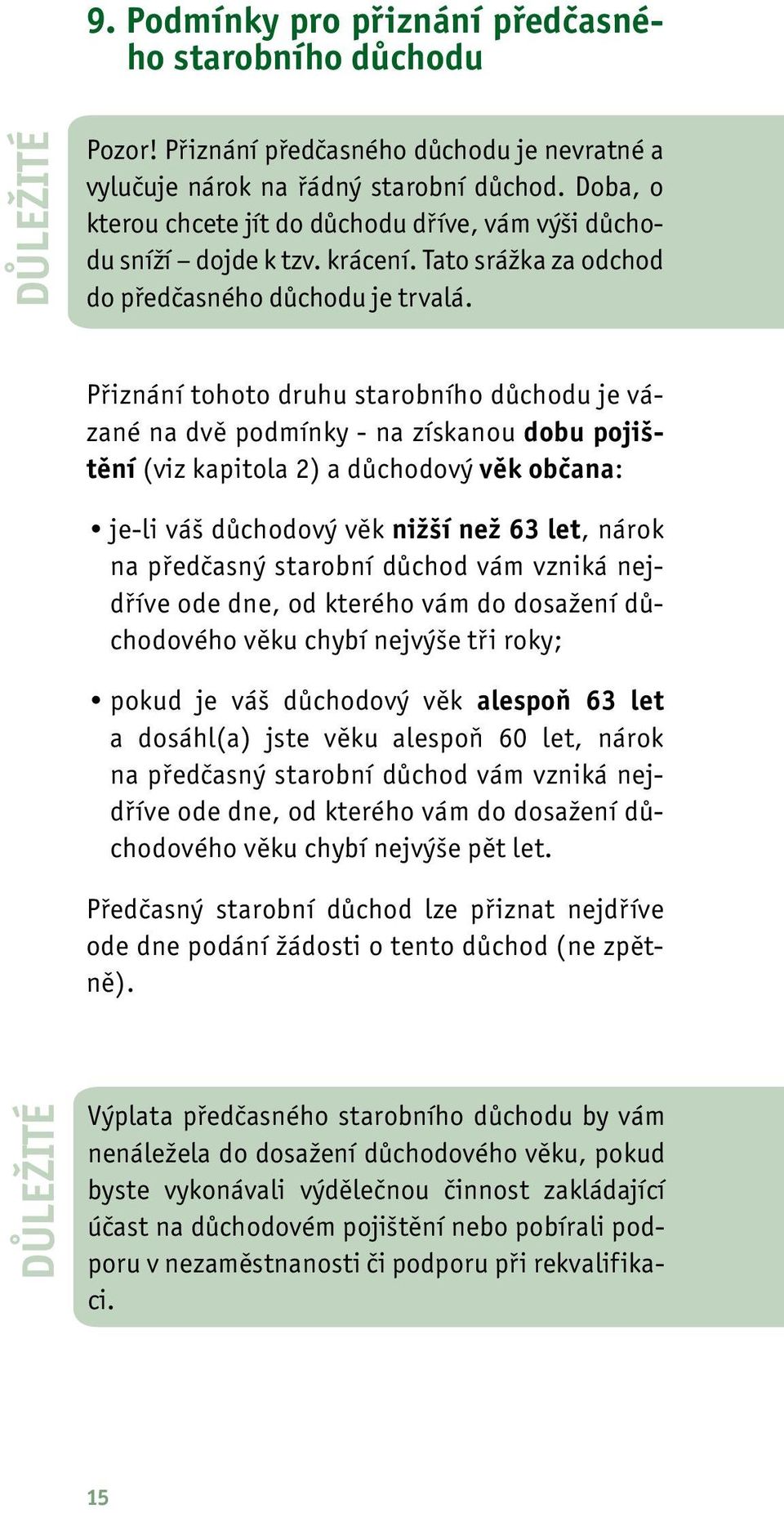 Přiznání tohoto druhu starobního důchodu je vázané na dvě podmínky - na získanou dobu pojištění (viz kapitola 2) a důchodový věk občana: je-li váš důchodový věk nižší než 63 let, nárok na předčasný