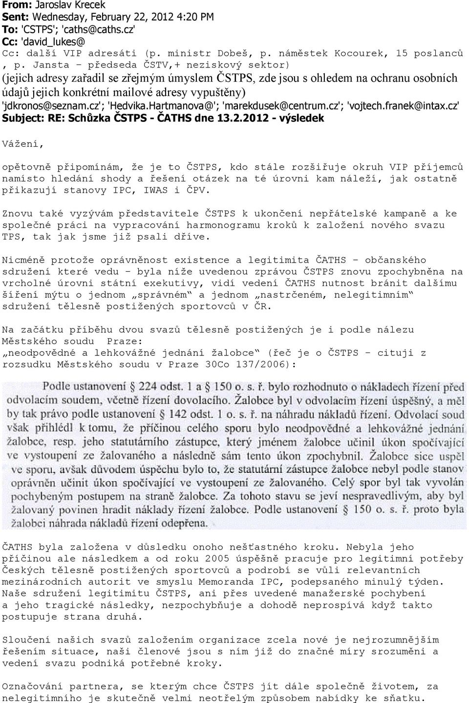 2012 - výsledek opětovně připomínám, že je to ČSTPS, kdo stále rozšiřuje okruh VIP příjemců namísto hledání shody a řešení otázek na té úrovni kam náleží, jak ostatně přikazují stanovy IPC, IWAS i