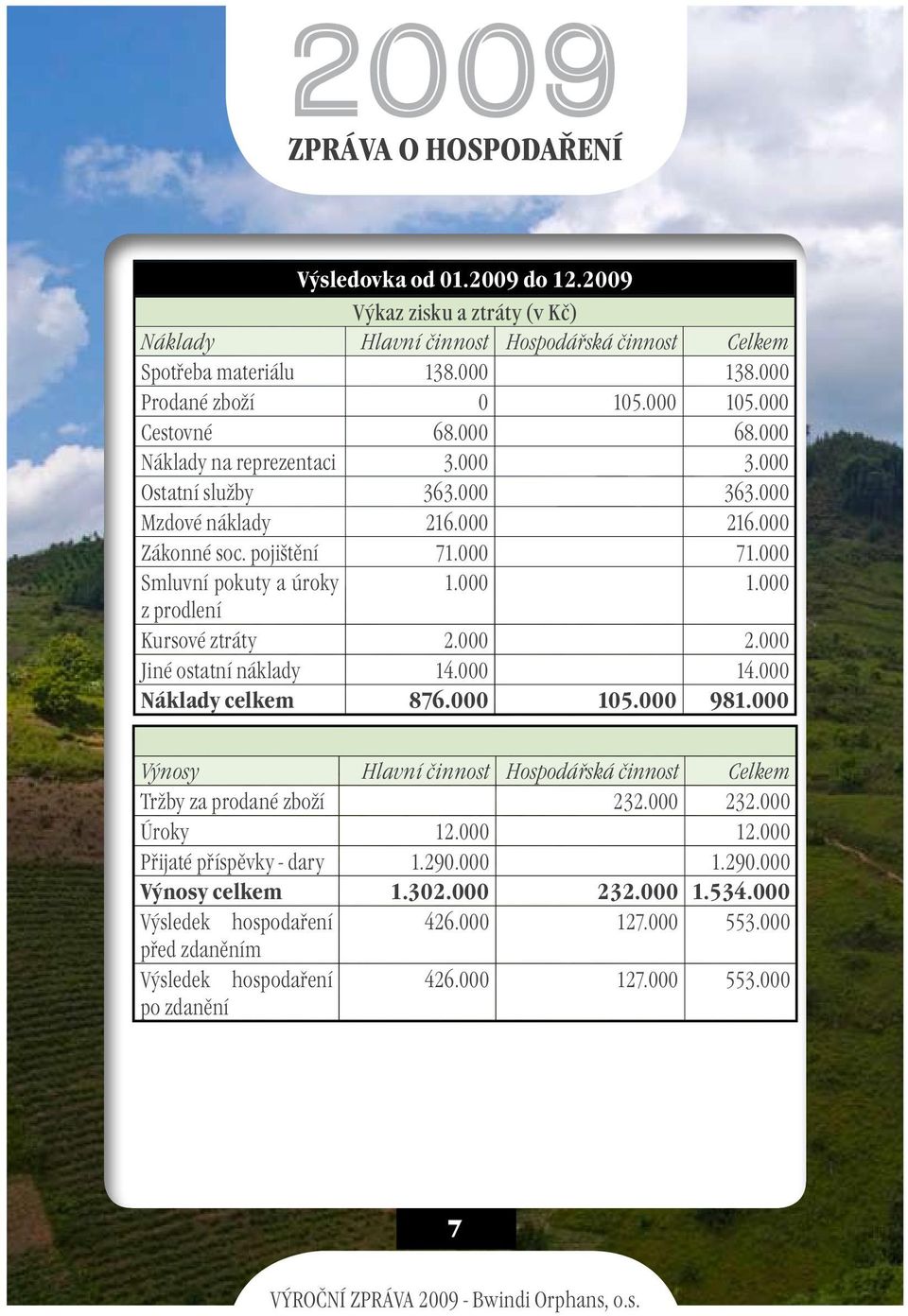 000 z prodlení Kursové ztráty 2.000 2.000 Jiné ostatní náklady 14.000 14.000 Náklady celkem 876.000 105.000 981.000 Výnosy Hlavní činnost Hospodářská činnost Celkem Tržby za prodané zboží 232.000 232.