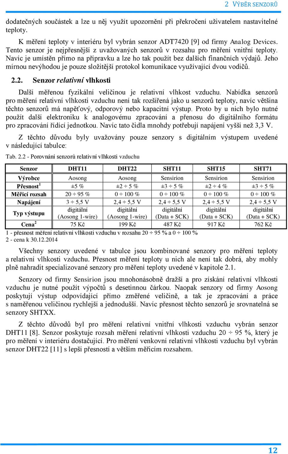 Jeho mírnou nevýhodou je pouze složitější protokol komunikace využívající dvou vodičů. 2.2. Senzor relativní vlhkosti Další měřenou fyzikální veličinou je relativní vlhkost vzduchu.