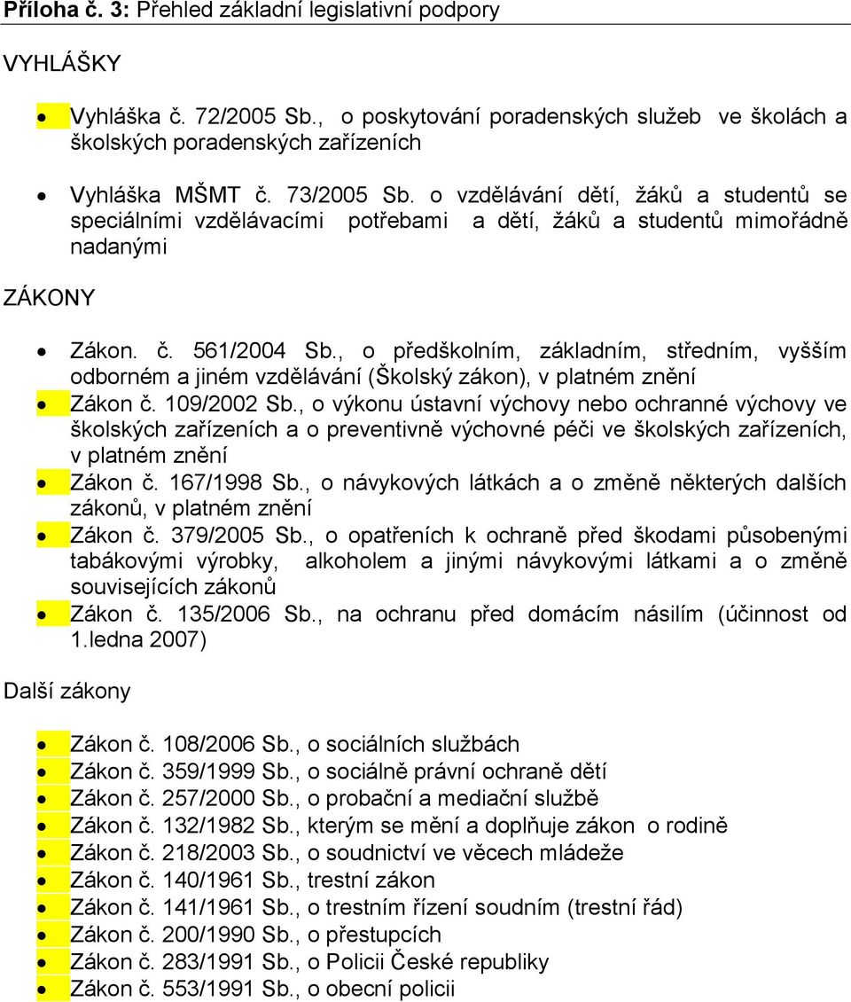 , o předškolním, základním, středním, vyšším odborném a jiném vzdělávání (Školský zákon), v platném znění Zákon č. 109/2002 Sb.