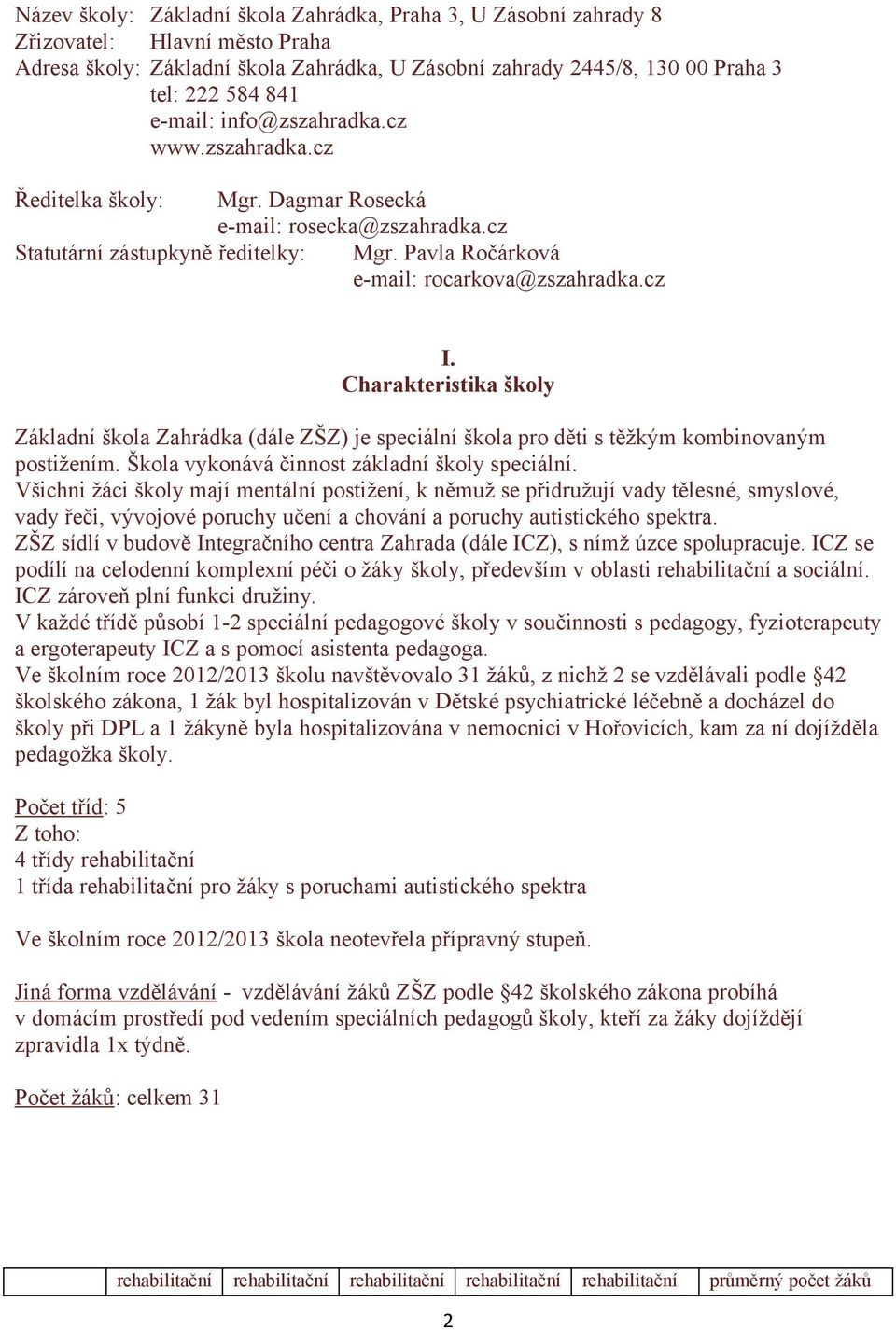 Charakteristika školy Základní škola Zahrádka (dále ZŠZ) je speciální škola pro děti s těžkým kombinovaným postižením. Škola vykonává činnost základní školy speciální.