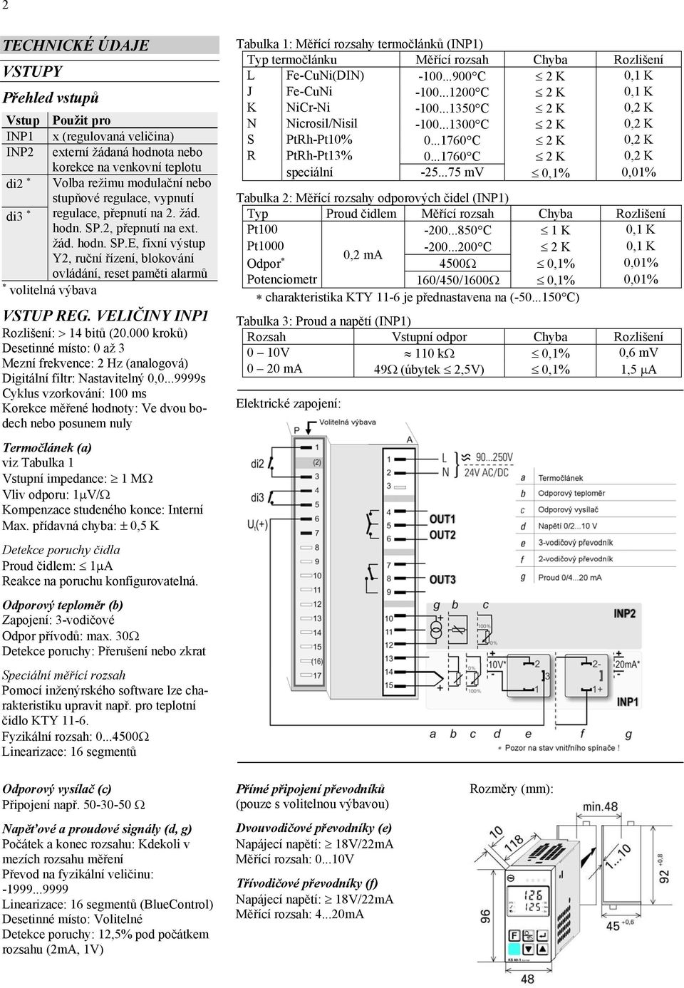 VELIČINY INP1 Rozlišení: 14 bitů (20.000 kroků) Desetinné místo: 0 až 3 Mezní frekvence: 2 Hz (analogová) Digitální filtr: Nastavitelný 0,0.