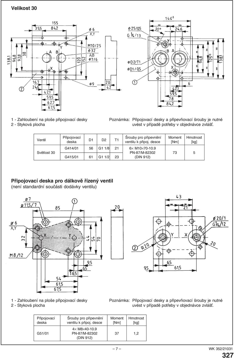 9 Světlost 30 PN-87/M-82302 73 5 G415/01 61 G1 1/2 23 (DIN 912) Připojovací deska pro dálkově řízený ventil (není standardní součásti dodávky ventilu) 1 - Zahloubení na ploše připojovací desky 2 -